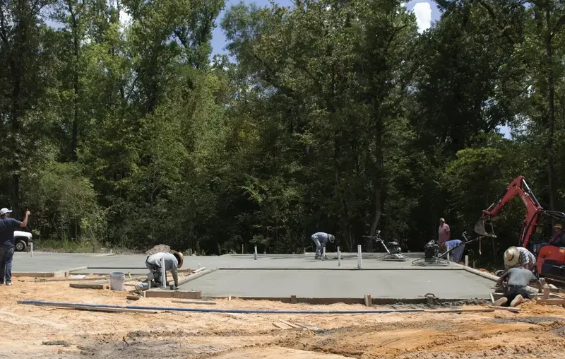 Green and Co. crew finishing a freshly poured slab foundation on a new home site